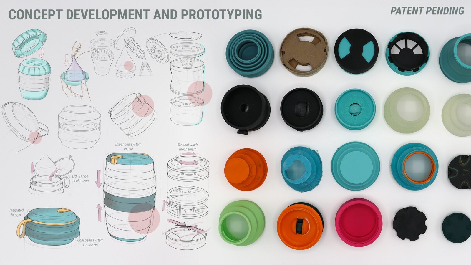 Blean concept development and prototyping sheet: pencil and marker sketches of the collapsible device beside rows of 3D-printed and silicone prototype lids and containers in teal, orange, olive and black