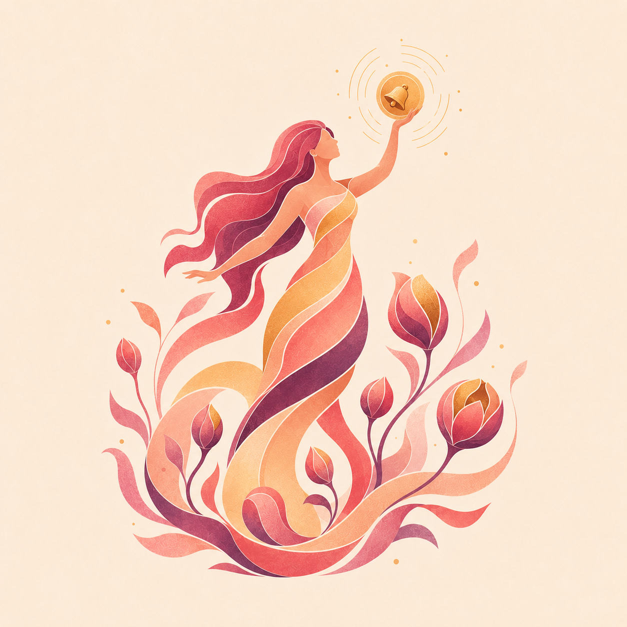 Illustrated FSH character ringing a golden bell as flower buds begin to open.