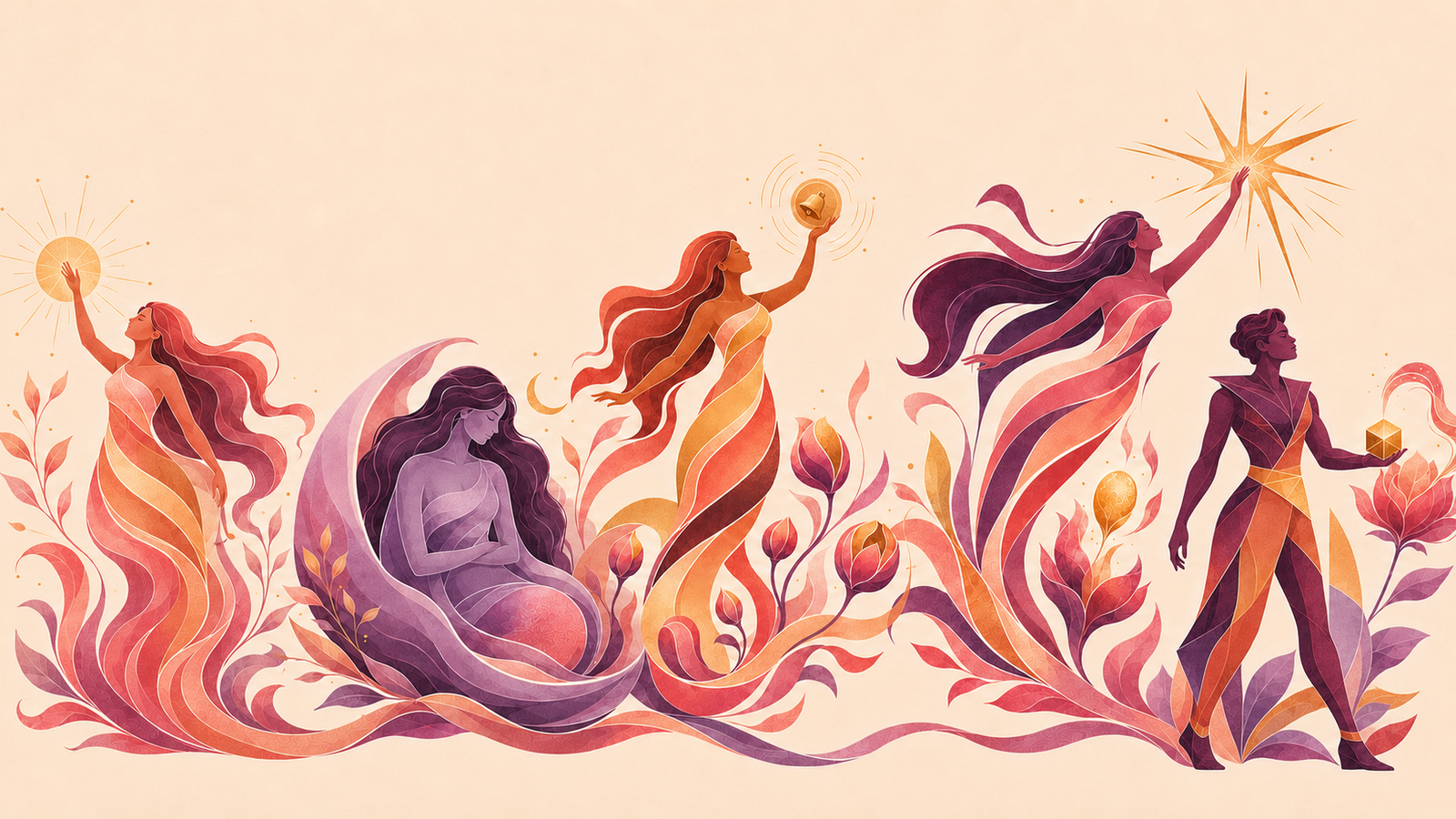 Five illustrated women representing oestrogen, progesterone, FSH, LH and testosterone as menstrual-cycle characters.