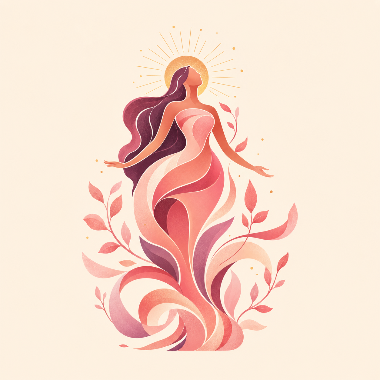 Illustrated Oestrogen character surrounded by radiant sunlight and growing leaves.