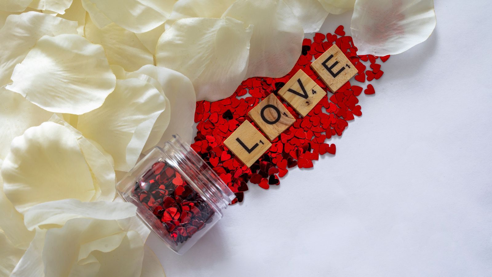 red to brown rose petals arranged on white background in a gradient