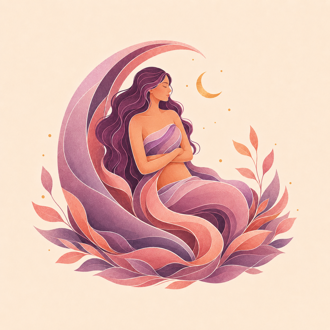 Illustrated Progesterone character resting inside a soft crescent-shaped cocoon.