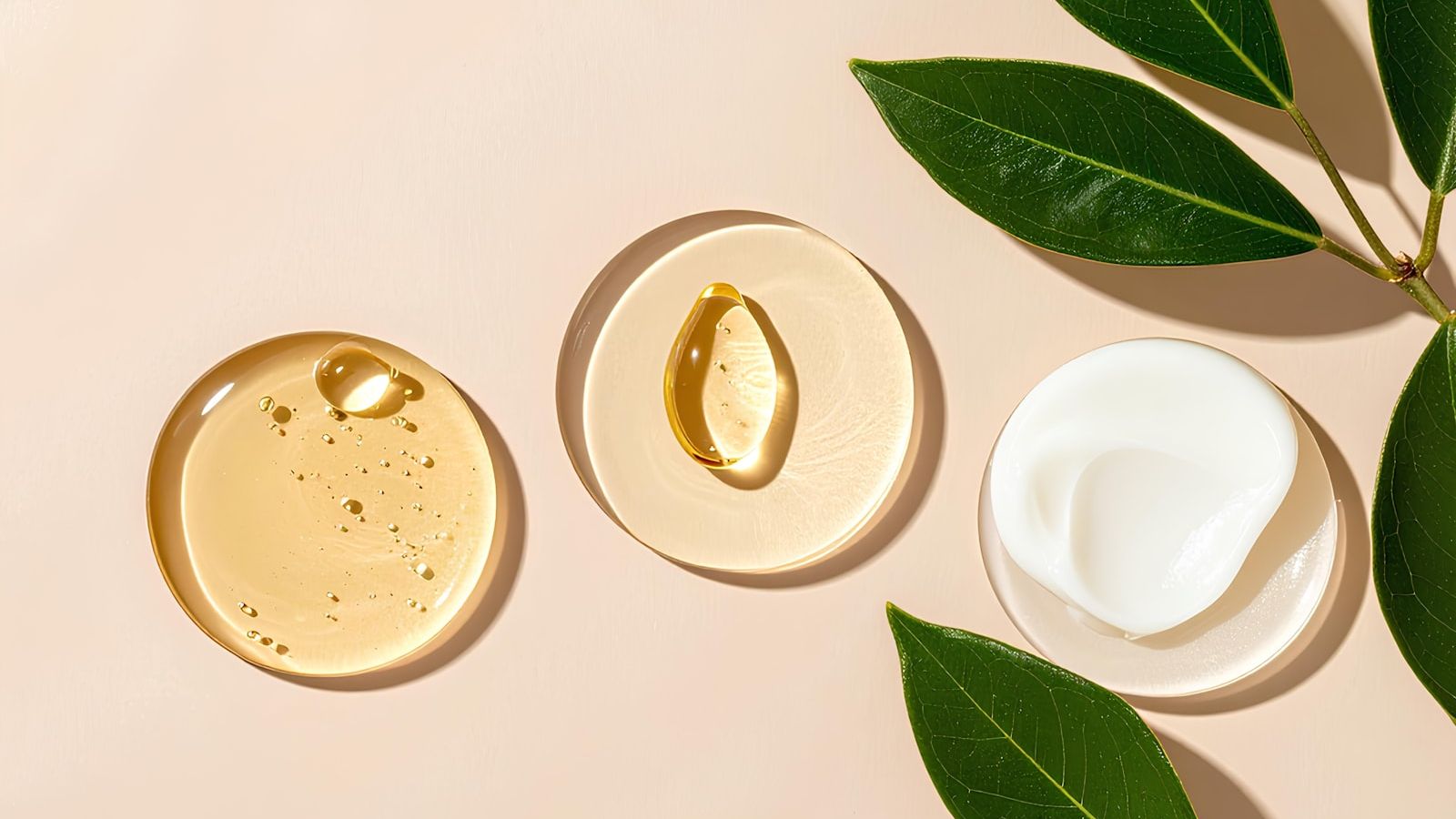 Gel and cream skincare swatches with green leaves on a soft beige background