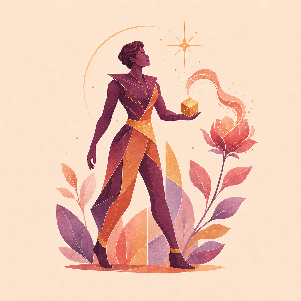 Illustrated Testosterone character holding a golden building block connected to an oestrogen-colored flower.